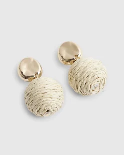 Beige Raffia Bead Ball Stud Earrings