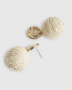 Beige Raffia Bead Ball Stud Earrings