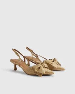 Beige Raffia Bow Slingback Court Heels