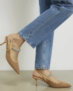 Beige Raffia Diamante Slingback Heels
