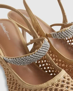 Beige Raffia Diamante Slingback Heels