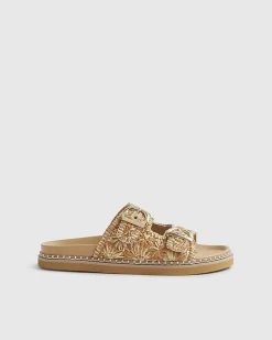 Beige Raffia Double Buckle Footbed Sandals