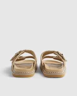 Beige Raffia Double Buckle Footbed Sandals