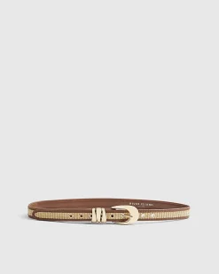 Beige Raffia Faux Leather Piping Belt