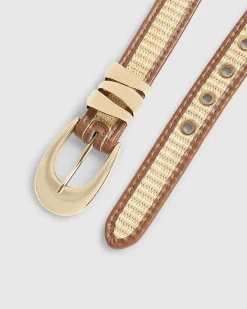 Beige Raffia Faux Leather Piping Belt