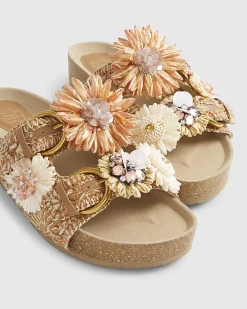 Beige Raffia Flower Footbed Sandals
