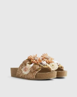 Beige Raffia Flower Footbed Sandals