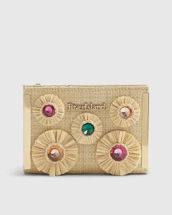 Beige Raffia Gemstone Foldout Purse