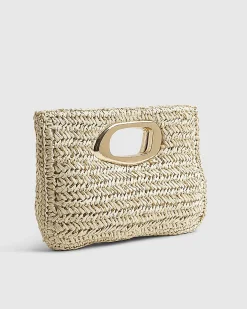 Beige Raffia Metal Handle Clutch Bag