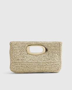 Beige Raffia Metal Handle Clutch Bag
