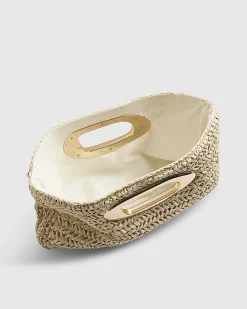 Beige Raffia Metal Handle Clutch Bag