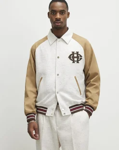 Beige Raffia Textured Varsity Jacket