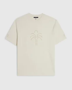Beige Regular Fit Cotton Cutwork Palm T-Shirt