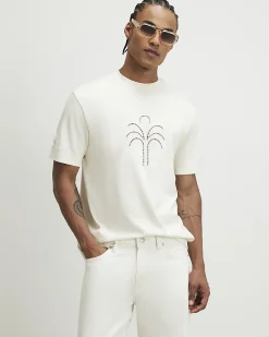Beige Regular Fit Cotton Cutwork Palm T-Shirt