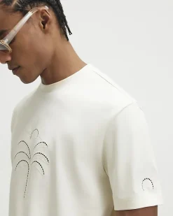 Beige Regular Fit Cotton Cutwork Palm T-Shirt