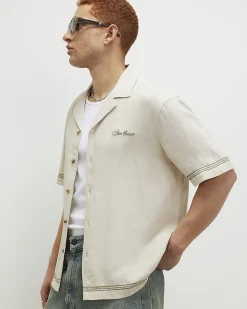 Beige Regular Fit Linen Blend Floral Shirt