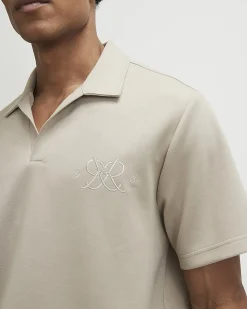 Beige Regular Fit Open Neck Polo Shirt