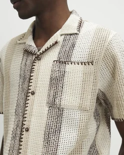 Beige Regular Fit Stripe Crochet Shirt