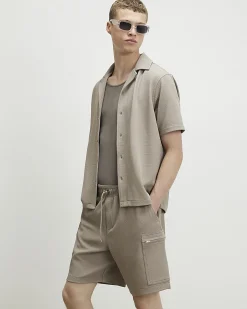 Beige Regular Fit Textured Cargo Shorts
