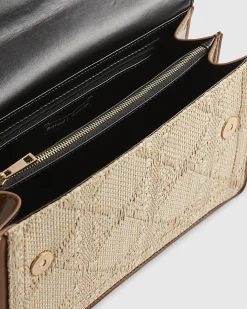 Beige RR Paneled Raffia Shoulder Bag