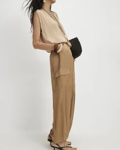 Beige Satin Cargo Trousers