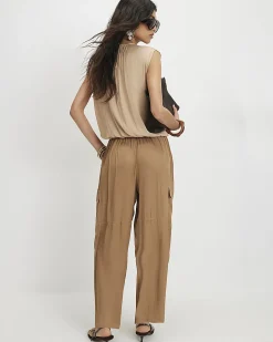 Beige Satin Cargo Trousers