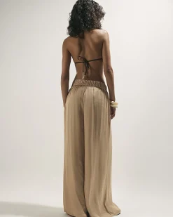 Beige Satin Elasticated Wide Leg Trousers