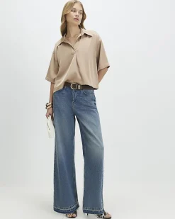 Beige Satin Polo Top