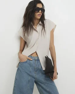Beige Satin Short Sleeve Shirt