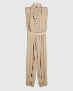 Beige Satin Shoulder Pad Balloon Leg Jumpsuit