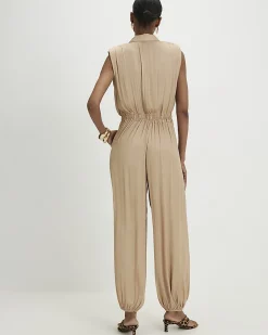 Beige Satin Shoulder Pad Balloon Leg Jumpsuit