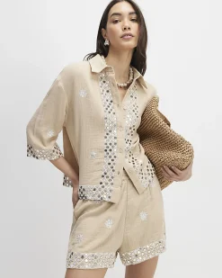Beige Sequin Embellished Floaty Shorts