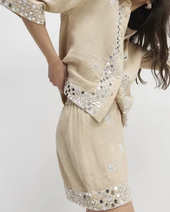 Beige Sequin Embellished Floaty Shorts