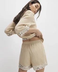 Beige Sequin Embellished Floaty Shorts