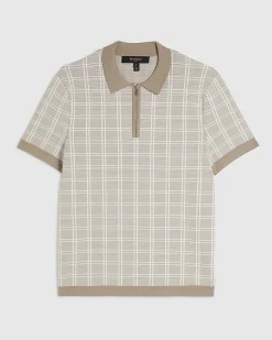 Beige Short Sleeve Checked Knit Polo Shirt