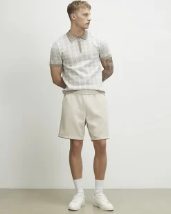 Beige Short Sleeve Checked Knit Polo Shirt