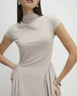 Beige Short Sleeve Fitted Waist Maxi Dress