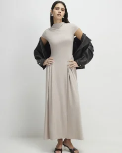 Beige Short Sleeve Fitted Waist Maxi Dress