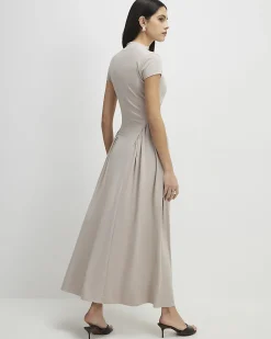 Beige Short Sleeve Fitted Waist Maxi Dress