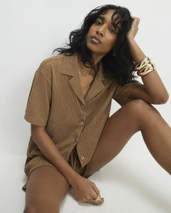 Beige Short Sleeve Textured Shirt