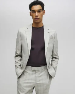 Beige Skinny Fit Stretch Check Suit Jacket