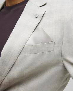 Beige Skinny Fit Stretch Check Suit Jacket