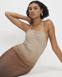 Beige Sleeveless Diamante Maxi Dress