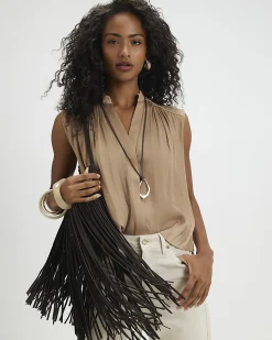 Beige Sleeveless Satin Blouse