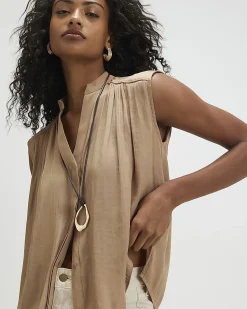 Beige Sleeveless Satin Blouse