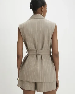 Beige Sleeveless Tie Waist Longline Waistcoat
