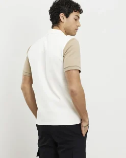 Beige Slim Fit Blocked Crew Neck T-Shirt