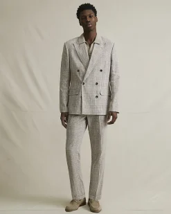 Beige Slim Fit Linen Blend Check Trousers