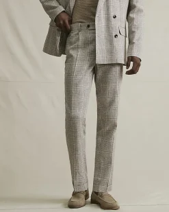 Beige Slim Fit Linen Blend Check Trousers