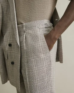 Beige Slim Fit Linen Blend Check Trousers